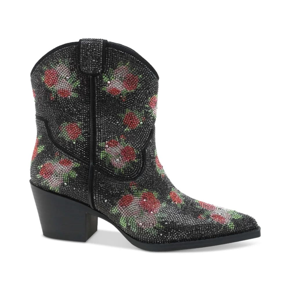 Wild Pair Size 7 Black Lacey Floral Crystal Bling Cowboy Boots / Booties NIB - Picture 2 of 13